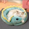 Cartoon Animals Shape Cute  Duck Cat Bed With Summer Mat Round Cat House Kennel Cushion Four Seasons Universal  - Green Dinosaur - M 40x35 cm